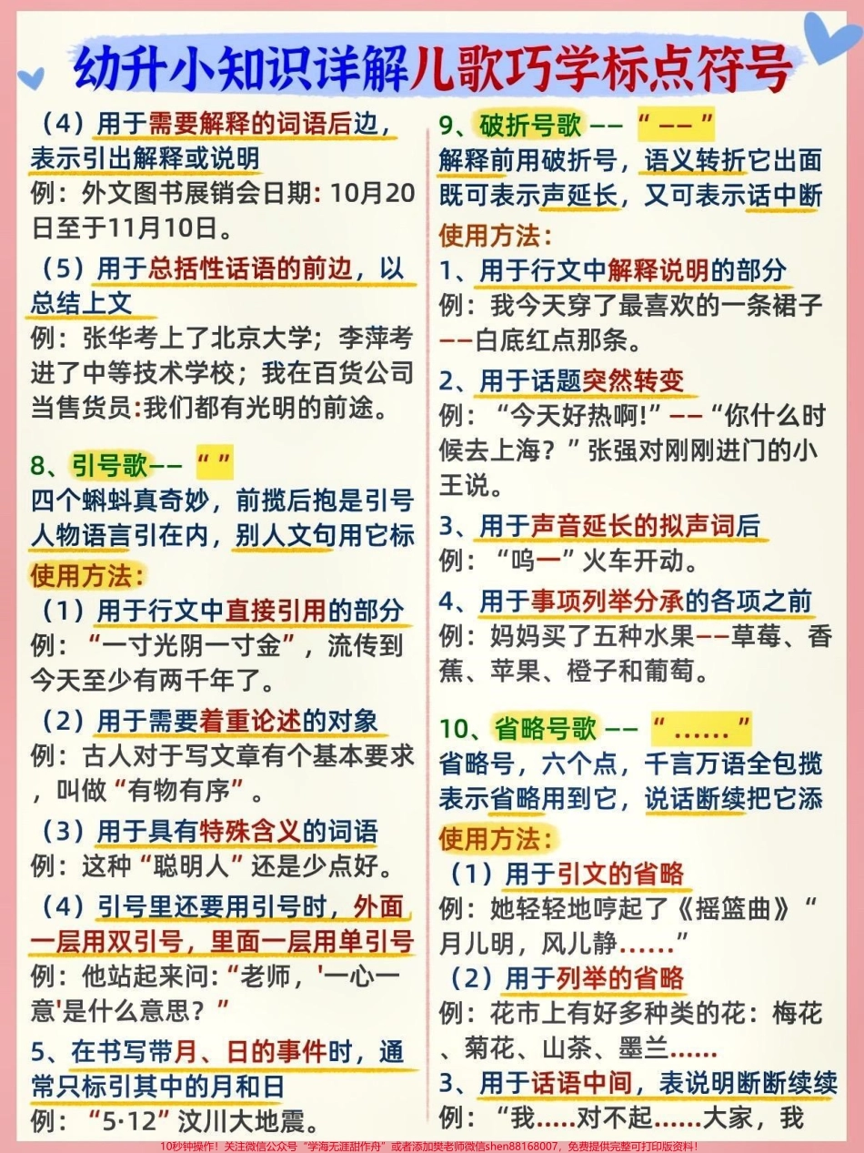 幼小衔接标点符号用法大全口诀儿歌轻松背。标点符号在语文中的重要性想必不用在此赘述吧。从小学一年级开始认识标点符号到它们伴随我们终身使用。不管是写句子还是写作文，标点符号的标记位置不同，表达的意思便截然.pdf_第3页