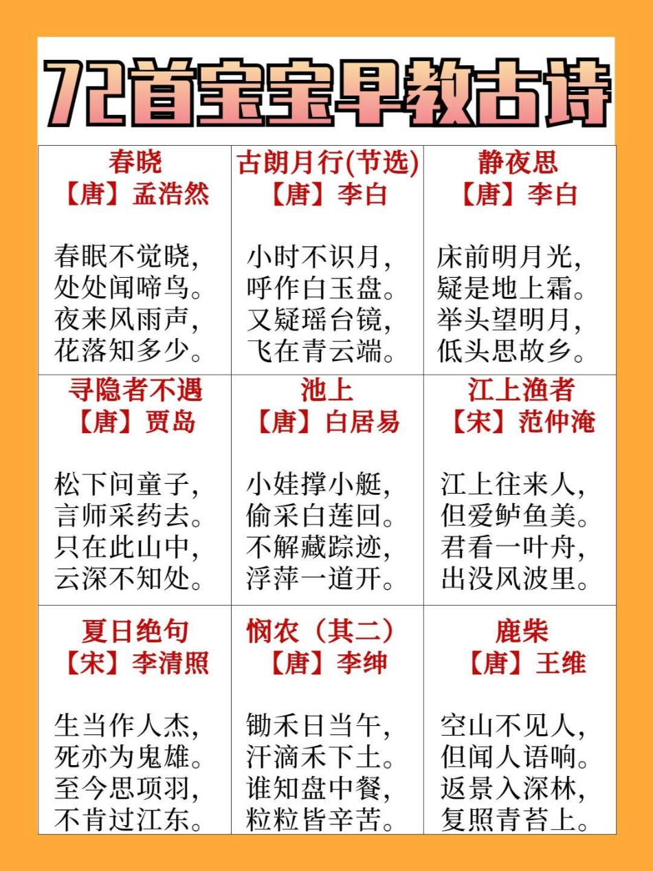 72首早教宝宝古诗，需要的家长收藏保存下来读给宝宝听一听吧 教育 学习 早教古诗教学.pdf_第1页