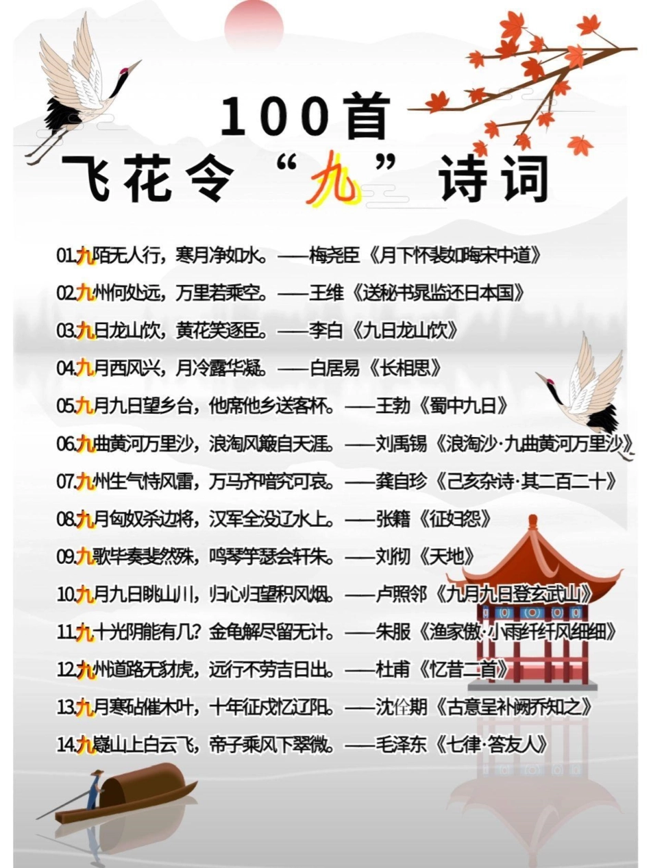 飞花令诗词大会，关于“九”的诗词，收藏打印学习起来吧  知识点总结 教育 学霸秘籍.pdf_第2页