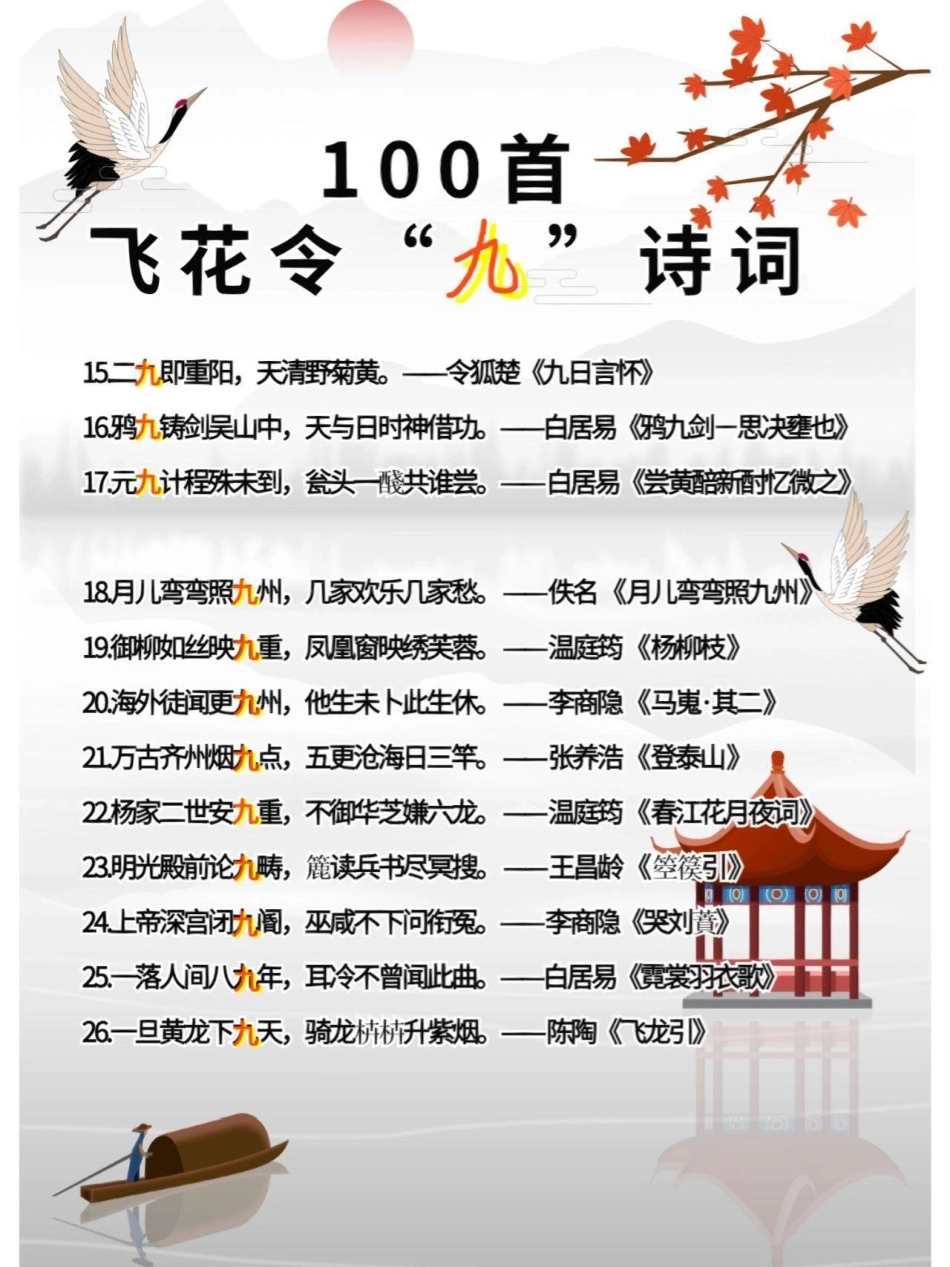 飞花令诗词大会，关于“九”的诗词，收藏打印学习起来吧  知识点总结 教育 学霸秘籍.pdf_第3页