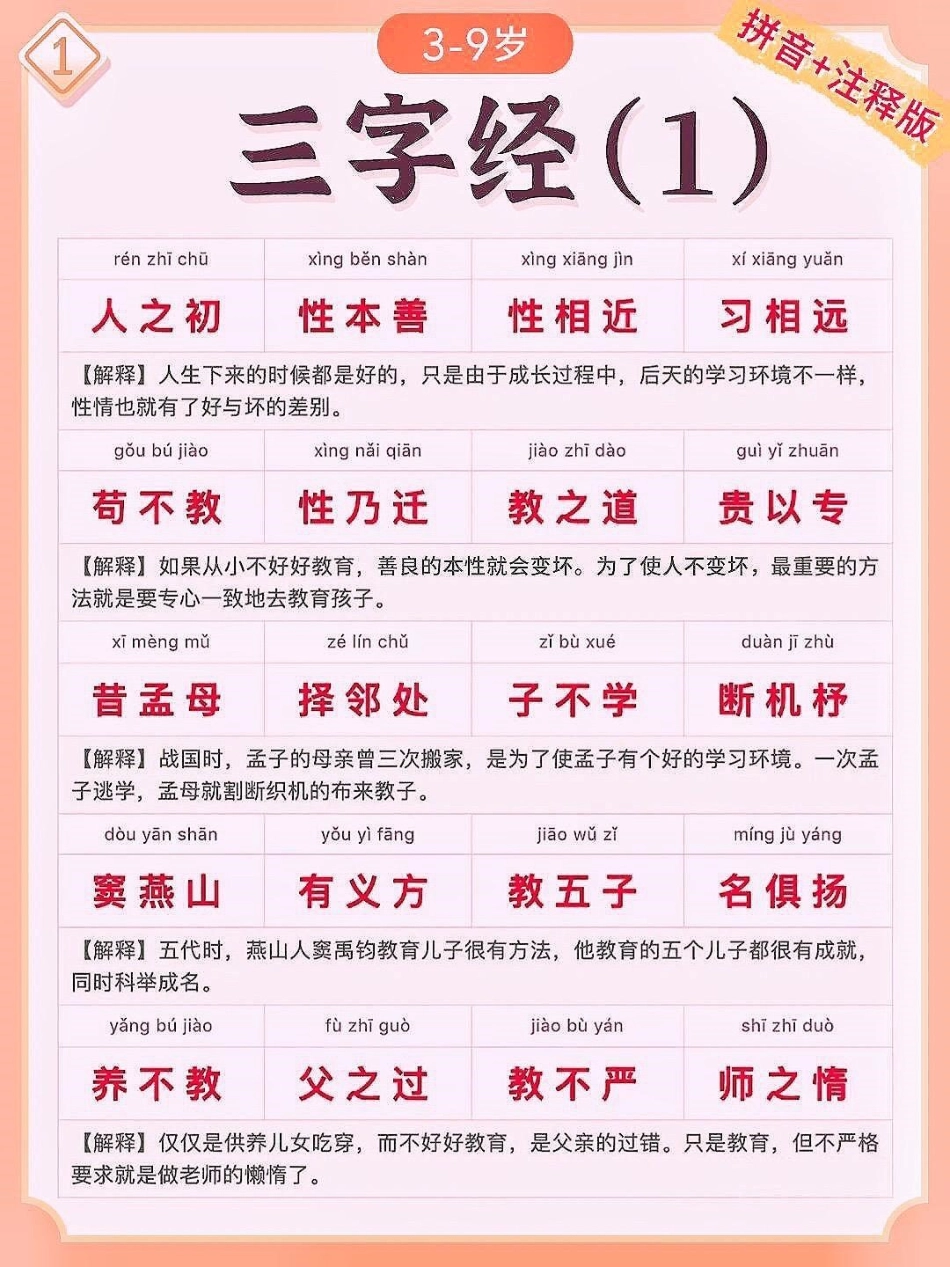 国学启蒙孩子熟读三字经，可知千古事。国学启蒙读物，孩子熟读三字经, 可知千古事贴心的拼音+注释版的三字经完整版来了，再也不用担心孩子读不懂了，给孩子收好！三字经 幼儿国学启蒙 知识分享  教育.pdf_第1页