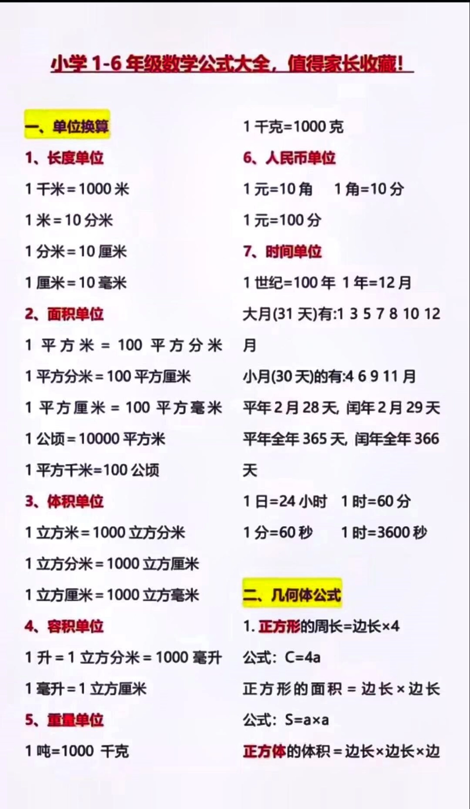 小学数学成绩差的孩子想每次考试98分以上一定要牢记这些公式数学 数学公式.pdf_第1页