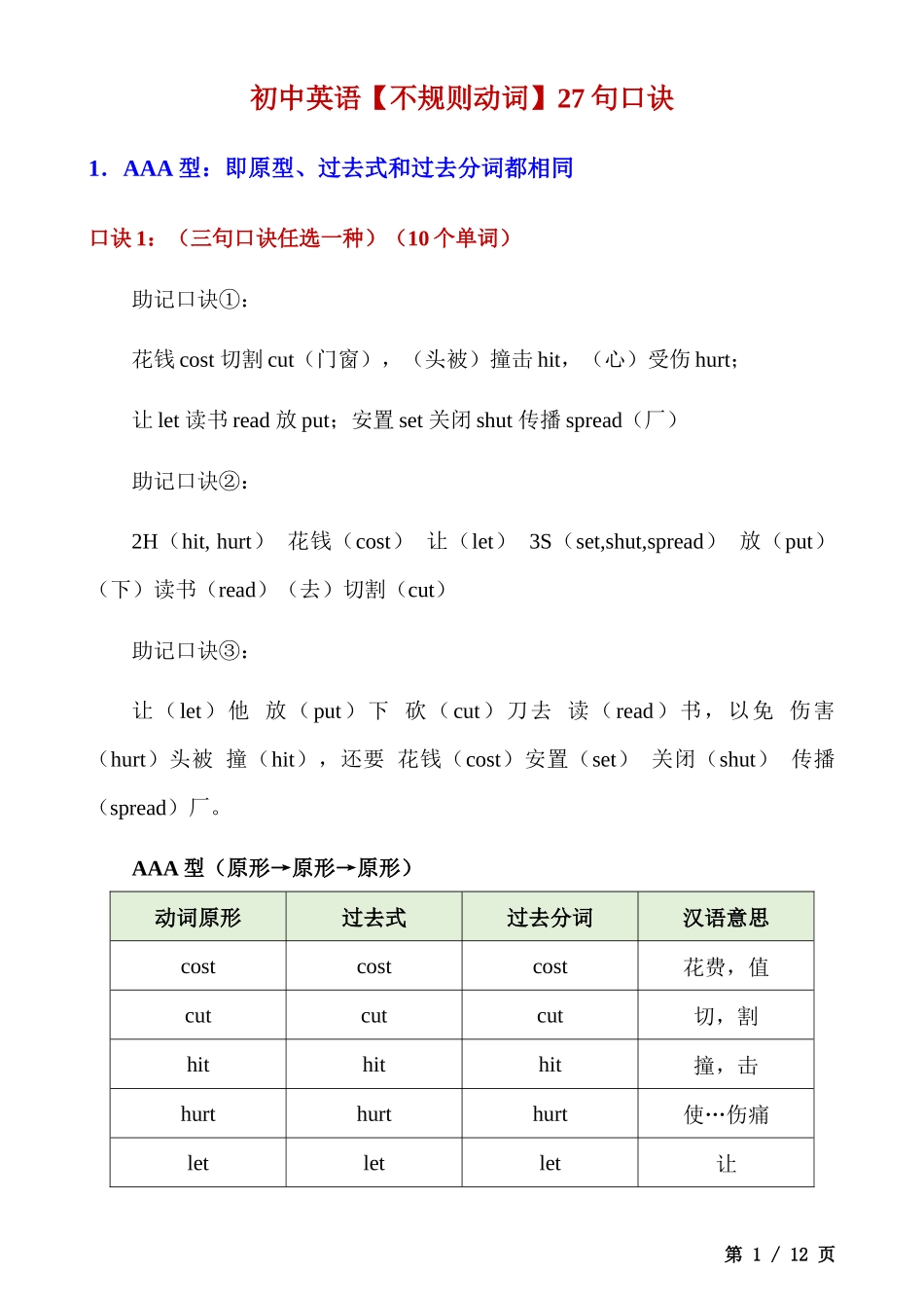 _初中英语【不规则动词】27句口诀.docx_第1页