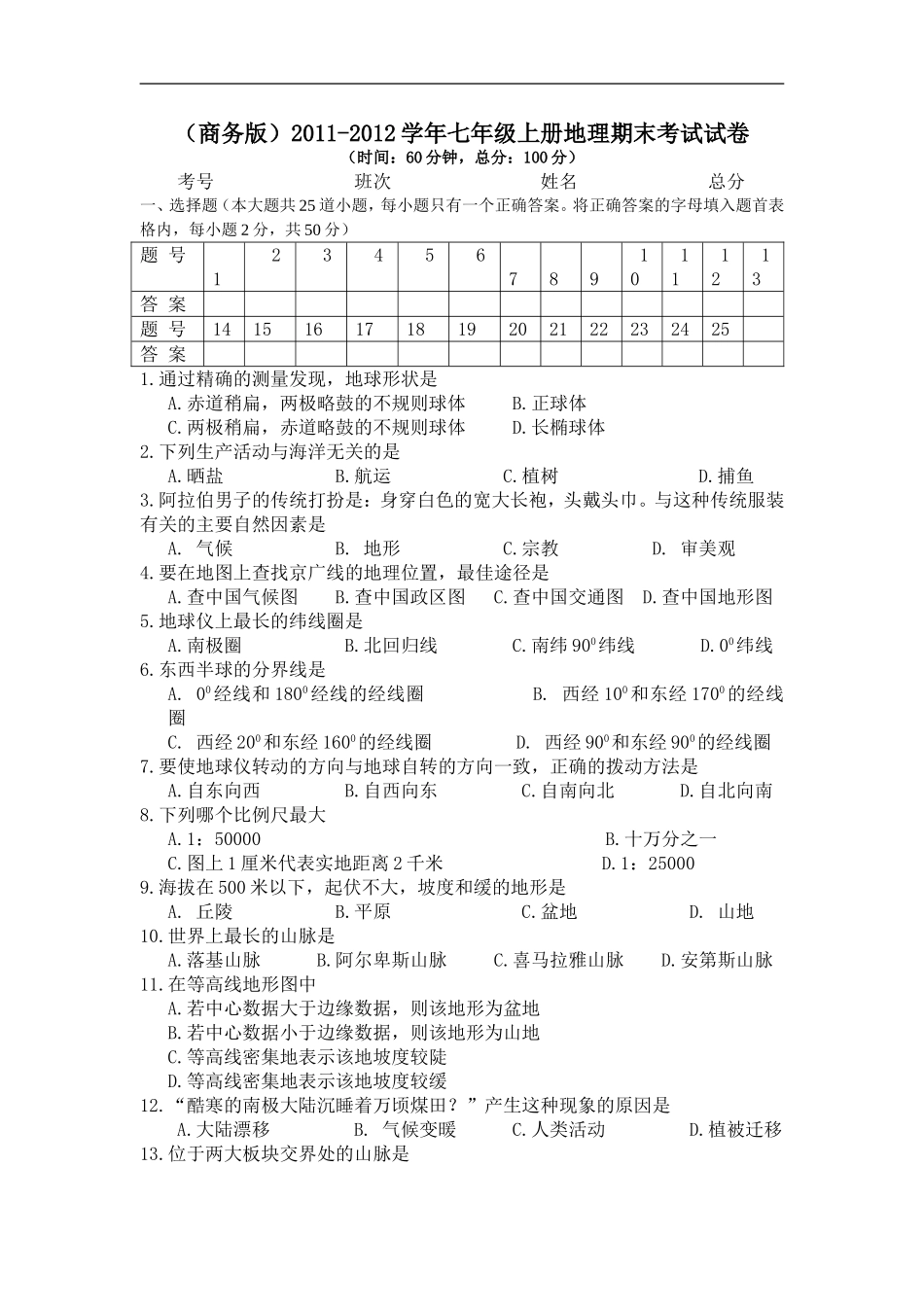 （商务版）2011-2012学年七年级上册地理期末考试试卷.doc_第1页