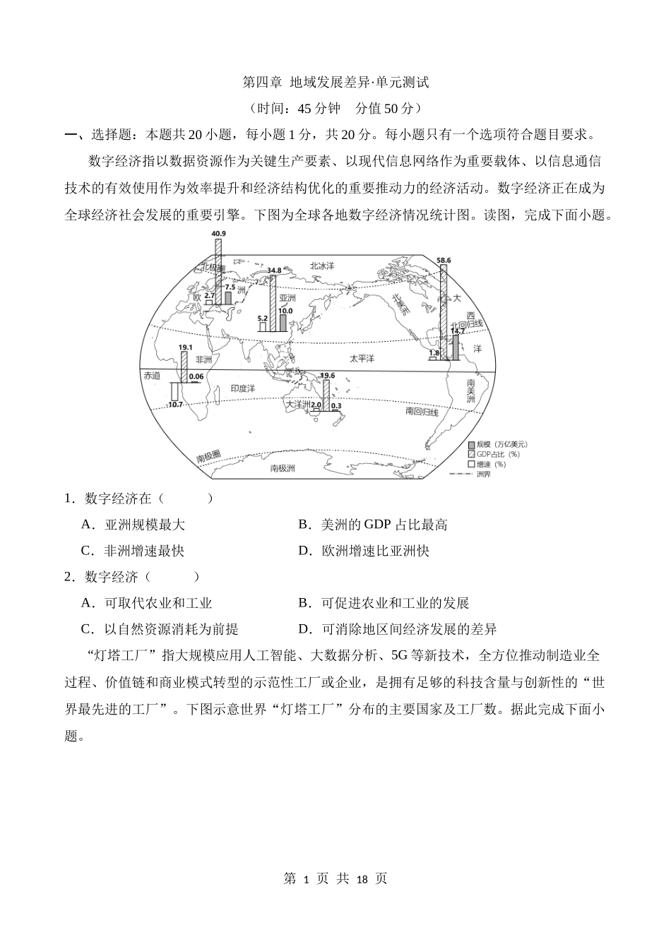 【八年级上册地理】单元测试第四章 地域发展差异 单元测试.docx_第1页