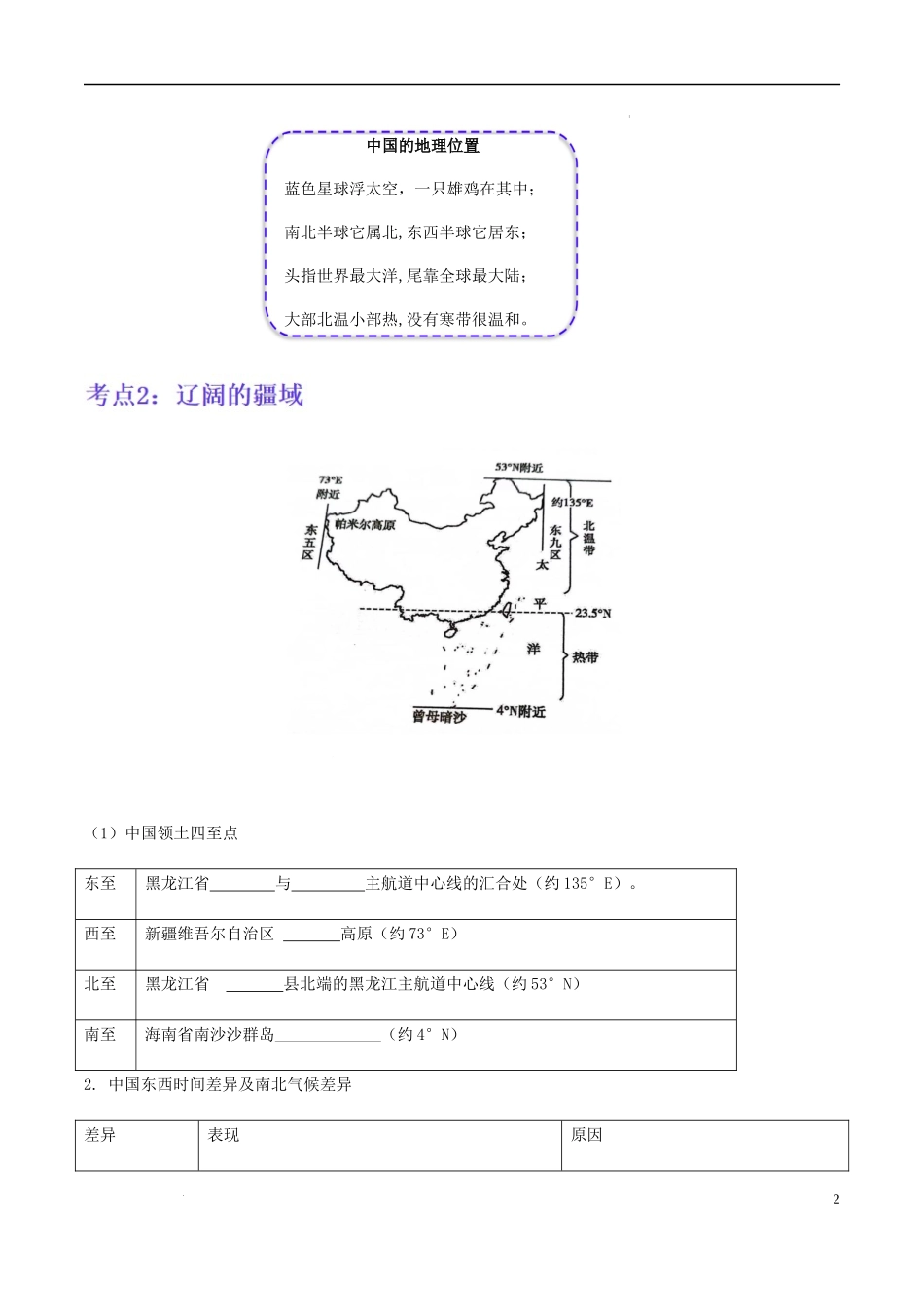 【八年级上册地理】第一章 中国的疆域与人口（考点梳理卷）-【难度分层单元卷】（原卷版）.docx_第2页