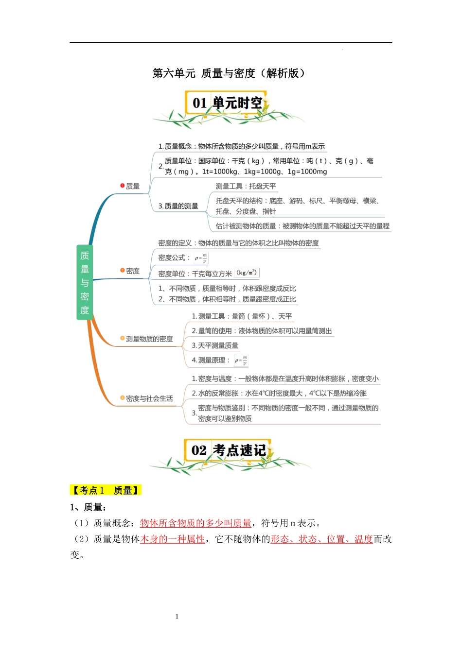 【八年级上册物理】第6章 质量与密度【速记清单】（原卷版）.docx_第1页