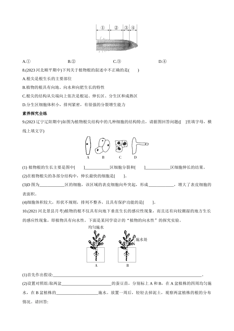 【冀少版】3.2.1 根的生长 同步练习.docx_第2页