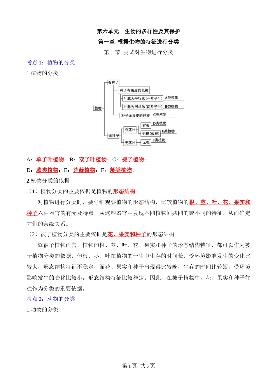 【人教】八上生物背诵-第六单元 第一章 根据生物的特征进行分类.docx_第1页