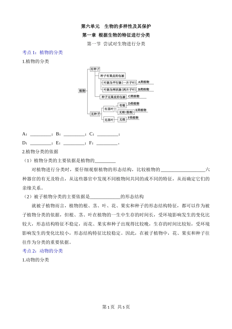 【人教】八上生物默写-第六单元 第一章 根据生物的特征进行分类.docx_第1页