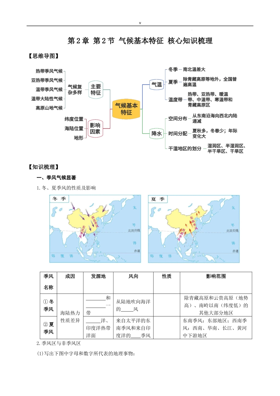 【商务星球】【八年级上册地理】第2章 第2节 气候基本特征（核心知识梳理）.docx_第1页