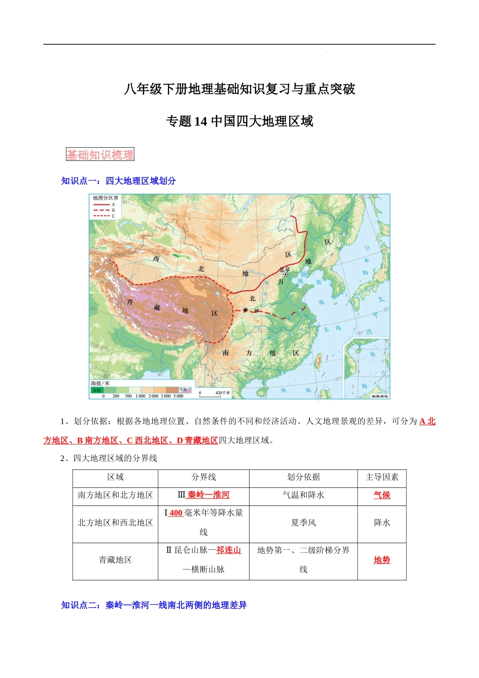 【中考地理】考前背诵知识手册汇总专题14 中国四大地理区域.docx_第1页