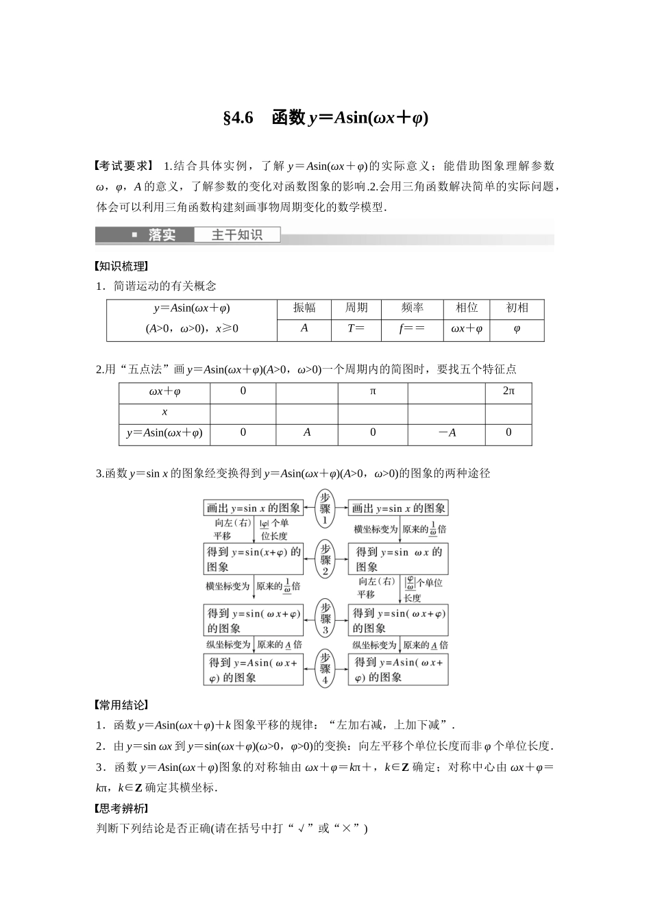 2023年高考数学一轮复习（全国版文） 第4章 4.6　函数y＝Asin(ωx＋φ).docx_第1页