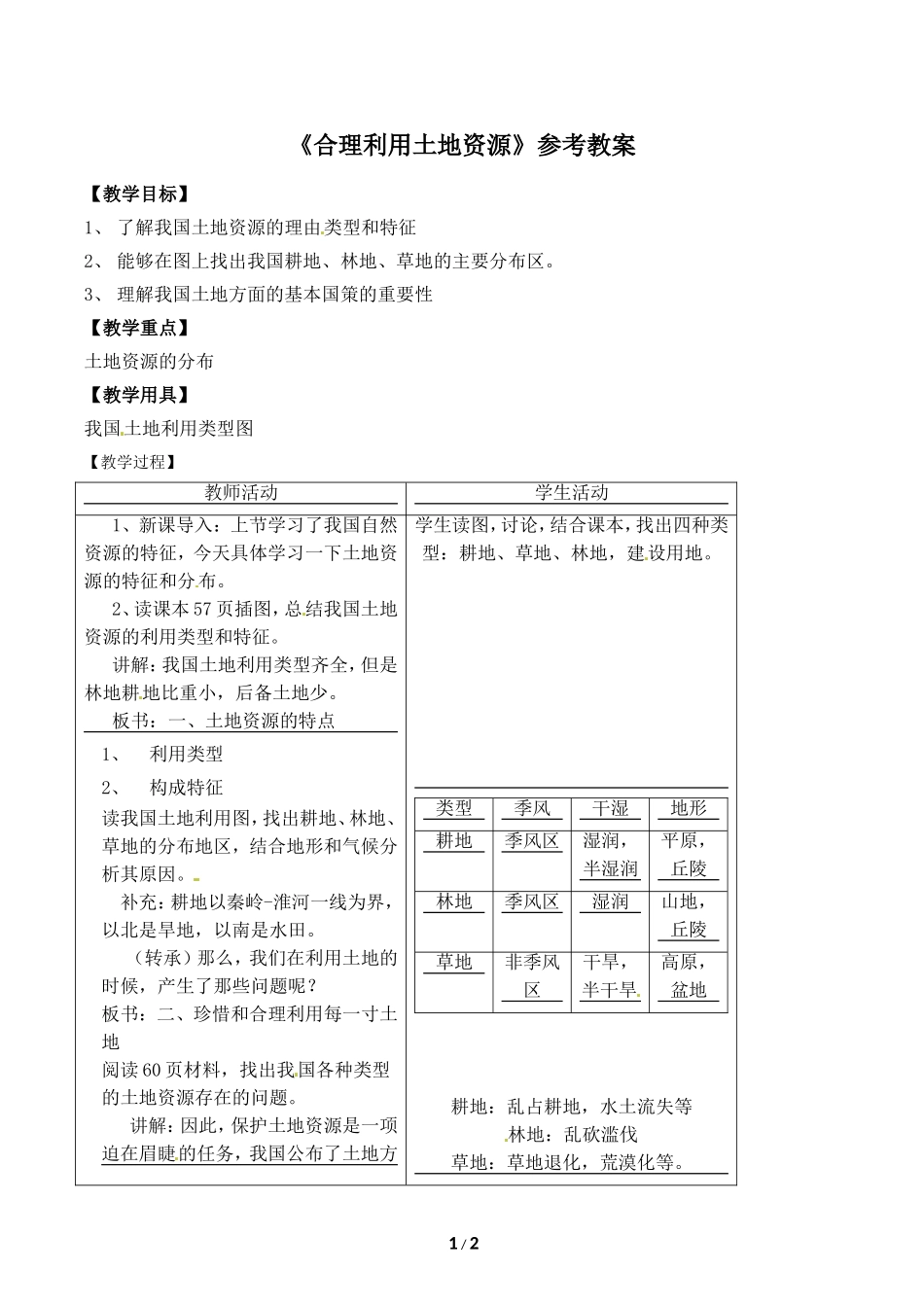 八年级上 地理 商务星球版 第三章 中国的自然资源《合理利用土地资源》参考教案.doc_第1页