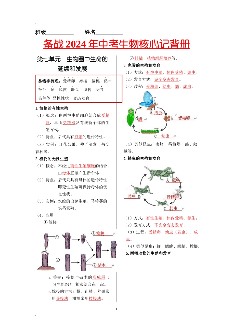 八年级生物下册-【核心记背册】备战2024年中考生物核心考点精华必背 .docx_第1页