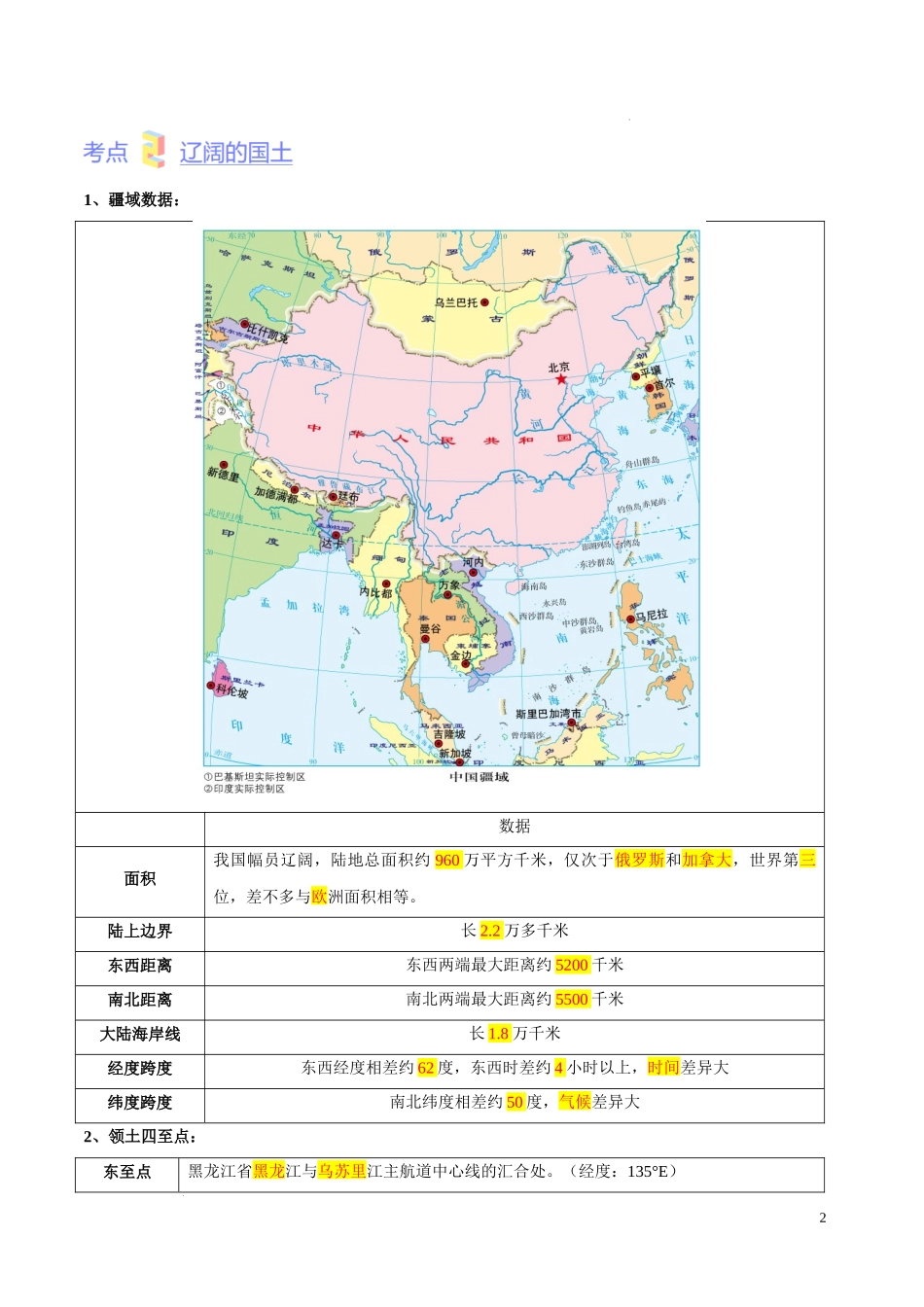 第二章  中国的疆域和人口（考点梳理卷）  【难度分层单元卷】（中图北京版）（解析版）.docx_第2页