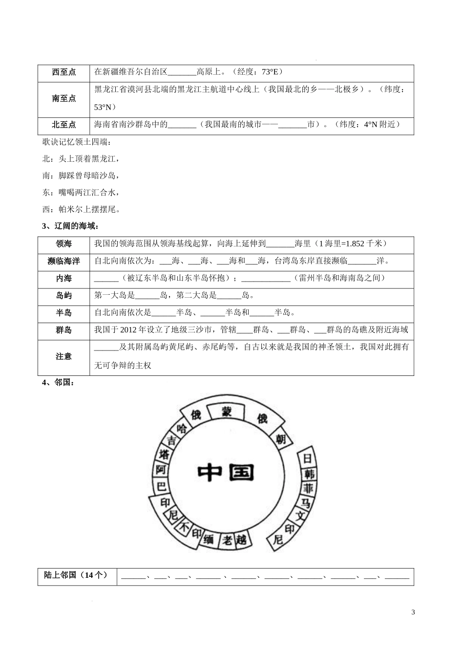 第二章  中国的疆域和人口（考点梳理卷）  【难度分层单元卷】（中图北京版）（原卷版）.docx_第3页