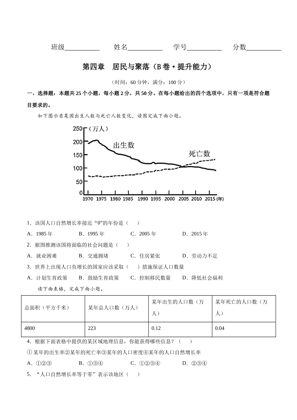 第四章 居民与聚落（B卷提升能力）-七年级地理上册同步单元AB卷（人教版）（原卷版）.docx_第1页