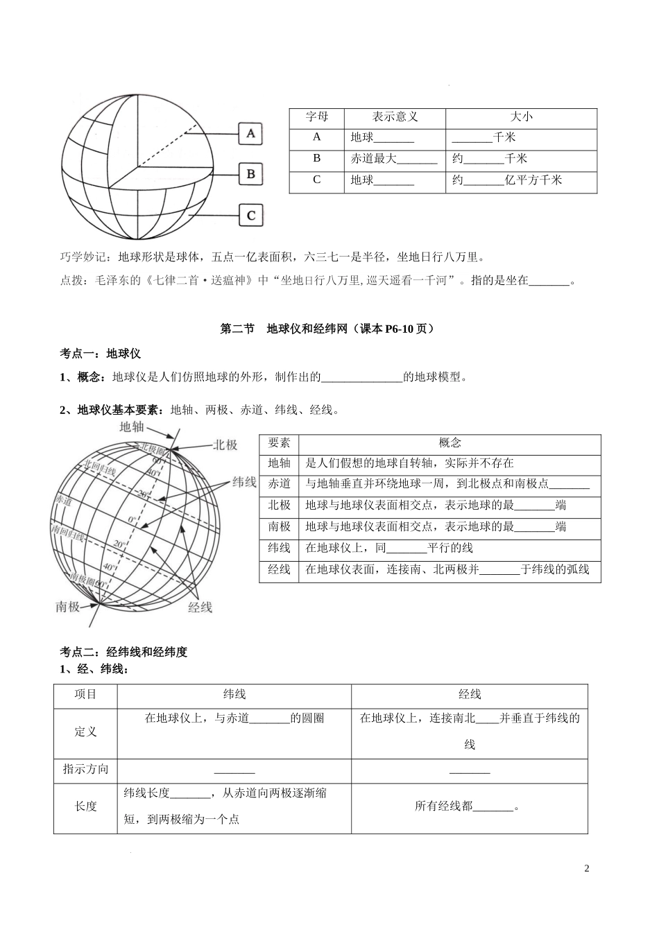 第一章  地球（考点梳理卷）-【难度分层单元卷】（原卷版）.docx_第2页