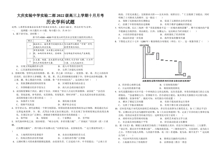 黑龙江省大庆市实验中学实验二部2024-2025学年高三上学期10月考试 历史含答案.docx_第1页