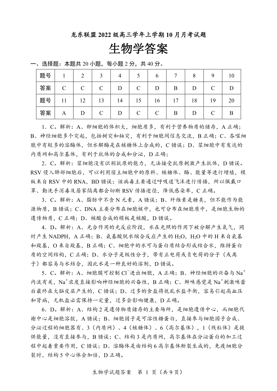 黑龙江省龙东联盟2024-2025学年高三上学期10月月考生物试题答案.pdf_第1页