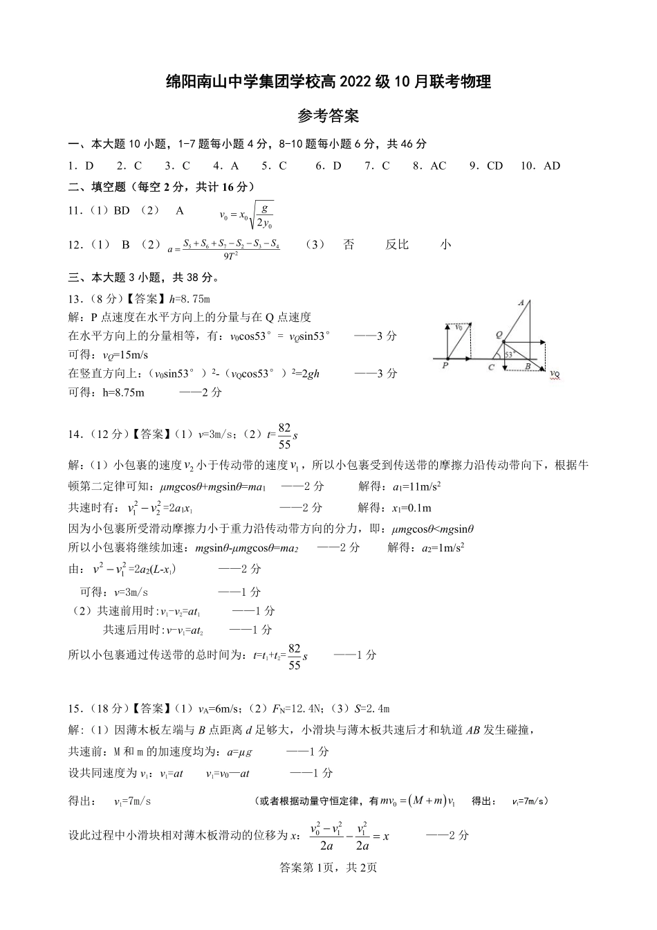 四川省绵阳市南山中学集团学校2024-2025学年高三上学期10月联考物理答案.pdf_第1页