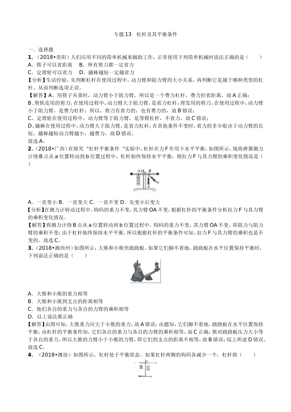 【九年级下册人教版物理】专题13  杠杆及其平衡条件.doc_第1页