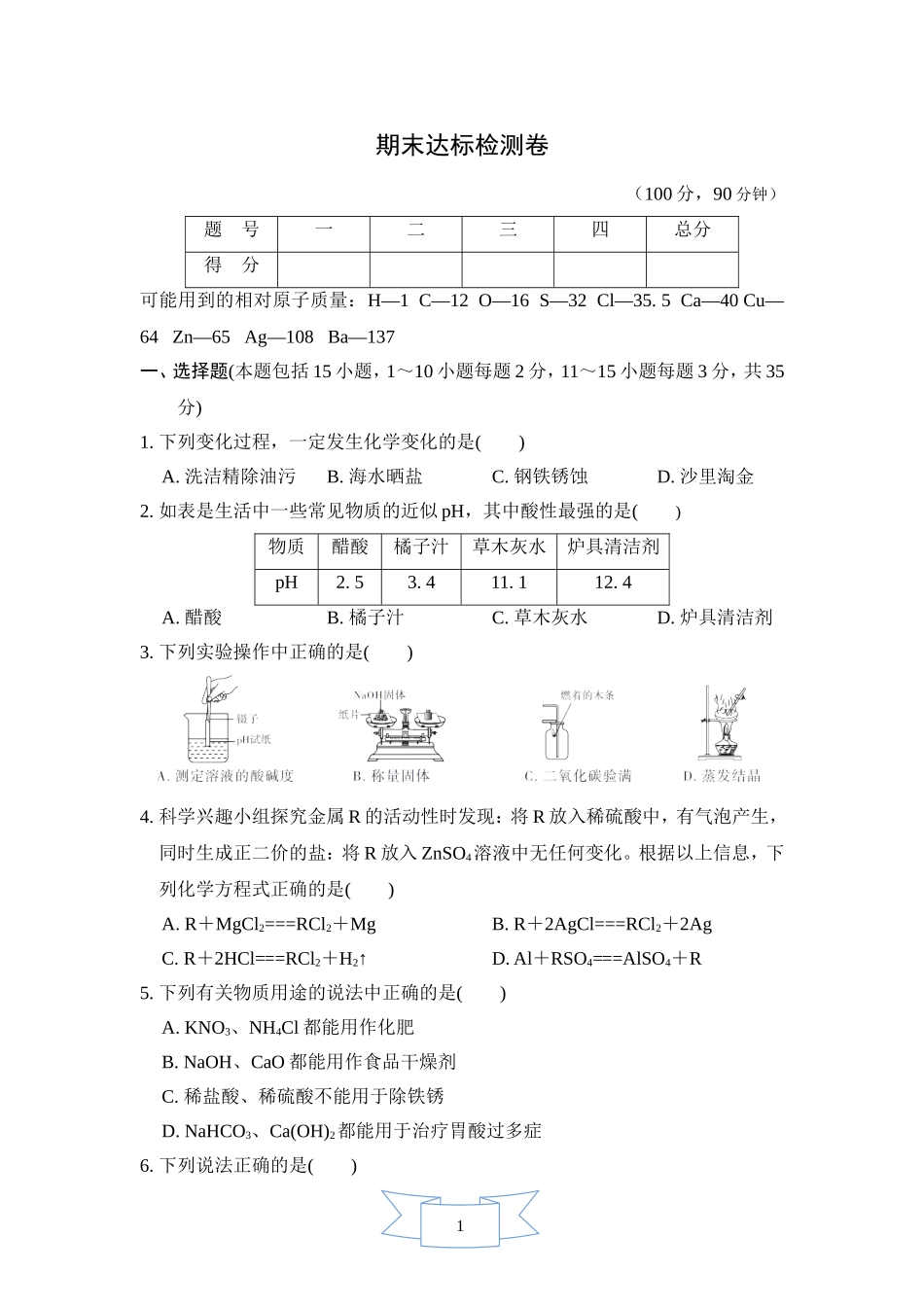 初中化学九年级下人教版期末达标检测卷.doc_第1页