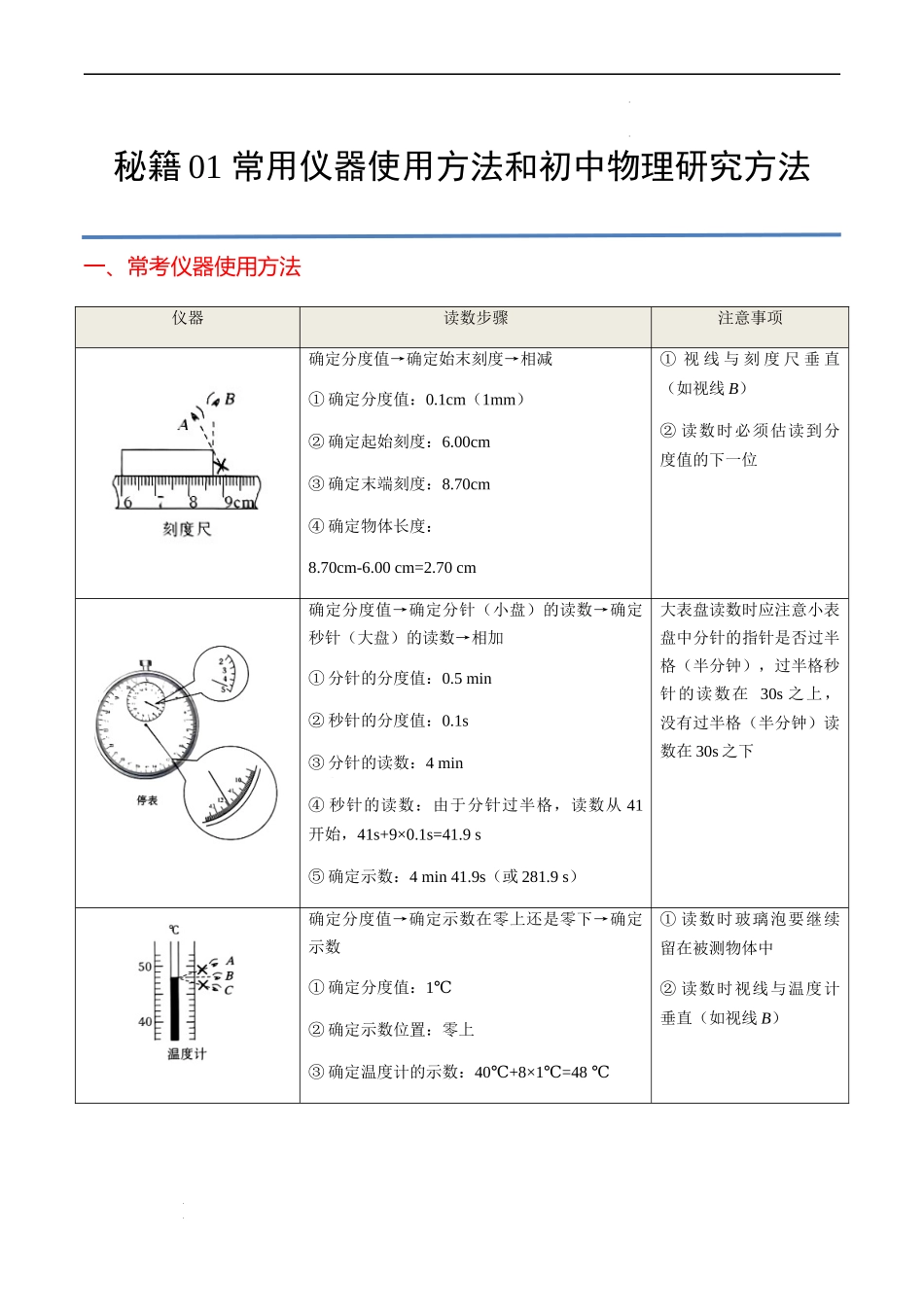 秘籍01 常用仪器使用方法和初中物理研究方法-备战2024年中考物理抢分秘籍（全国通用）.docx_第1页