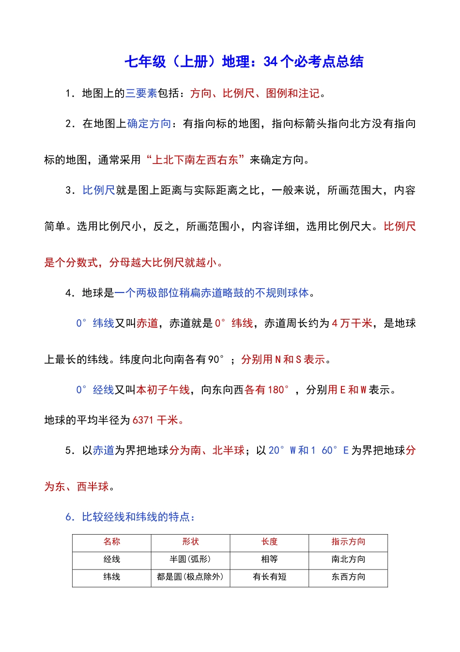 七年级（上册）地理：34个必考点总结.docx_第1页