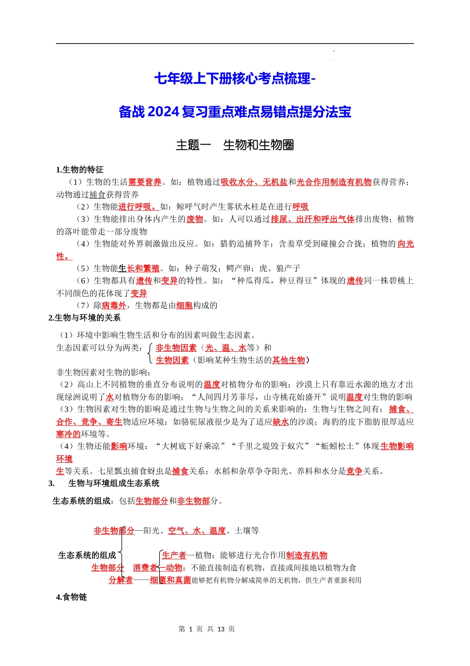 七年级上下册核心考点梳理-备战2024年中考生物复习重点难点易错点提分法宝.docx_第1页