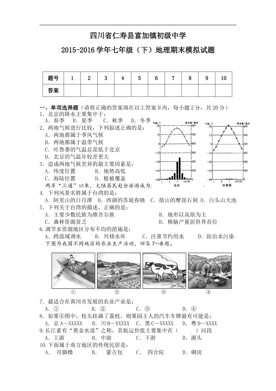 四川省仁寿县富加镇初级中学2015-2016学年七年级（下）地理期末模拟试题.doc_第1页