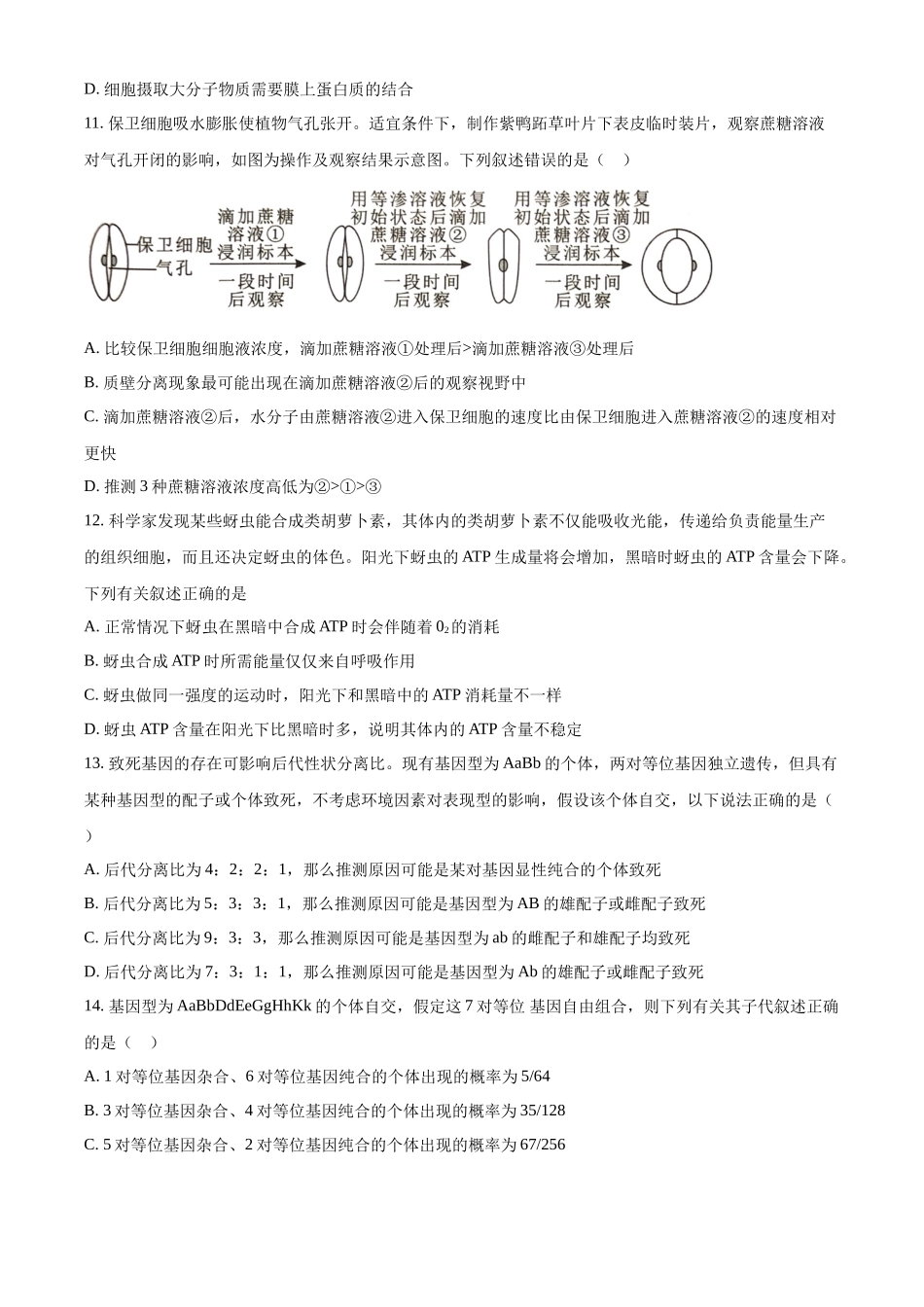重庆市重庆市重庆乌江新高考协作体2024-2025学年高三上学期10月月考生物试题.docx_第3页