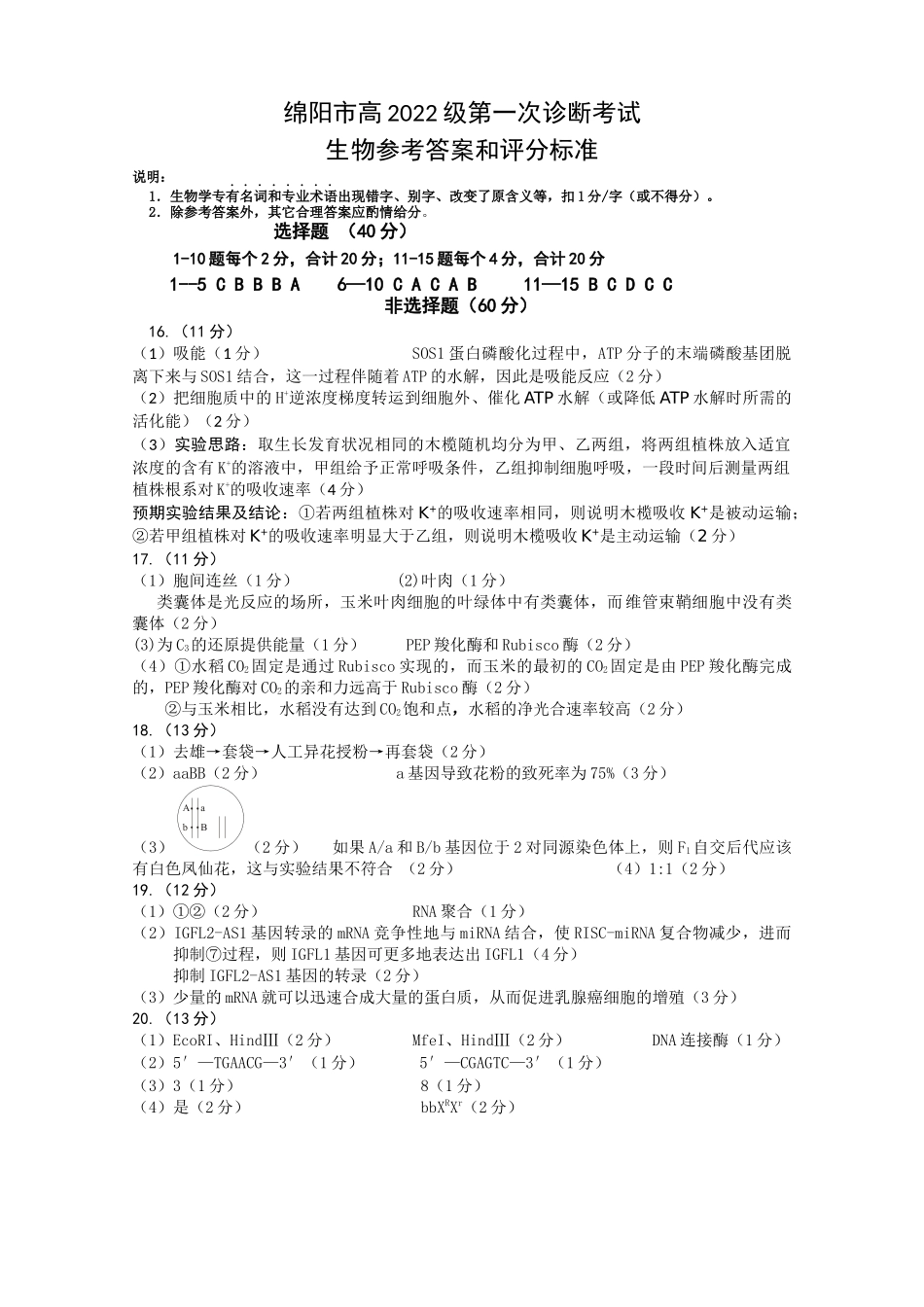 绵阳市高中2022级第一次诊断性考试生物答案.docx_第1页