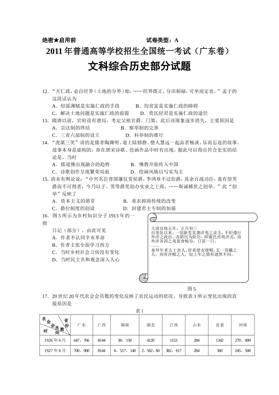 2011年广东高考历史（原卷版）.doc_第1页