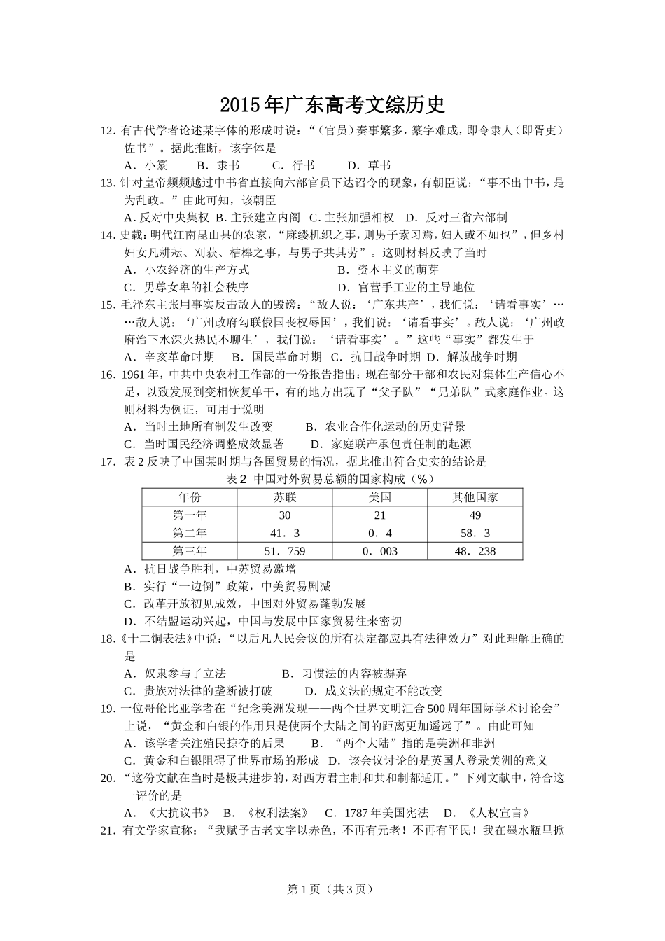 2015年广东高考历史（原卷版）.doc_第1页