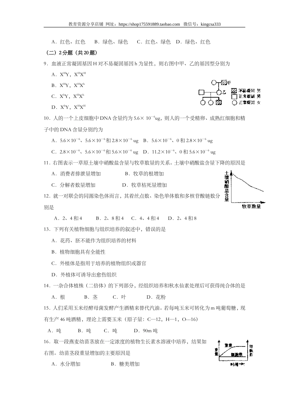 2007年上海市高中毕业统一学业考试生物试卷（答案版）.doc_第2页