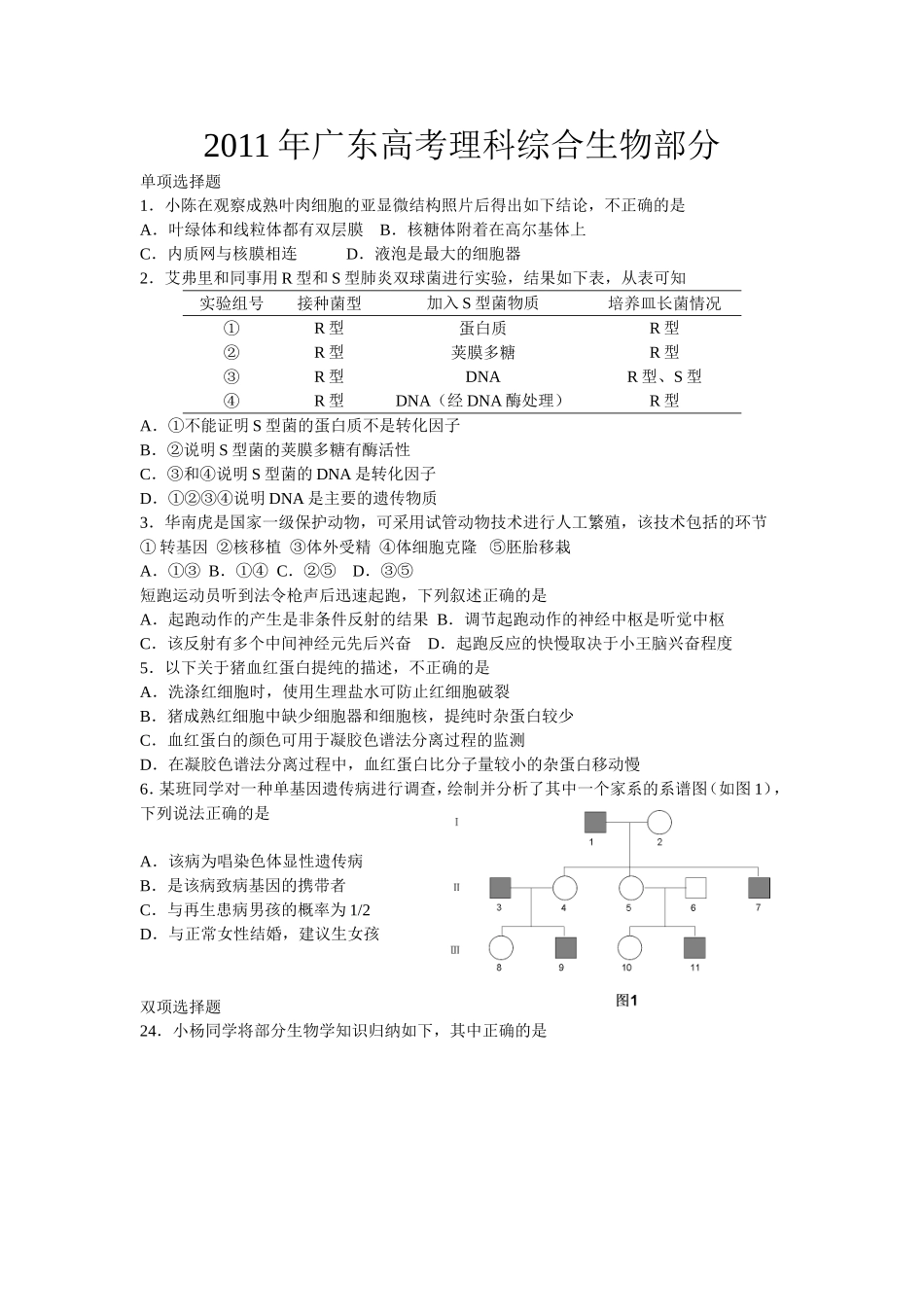 2011年广东高考生物（原卷版）.doc_第1页