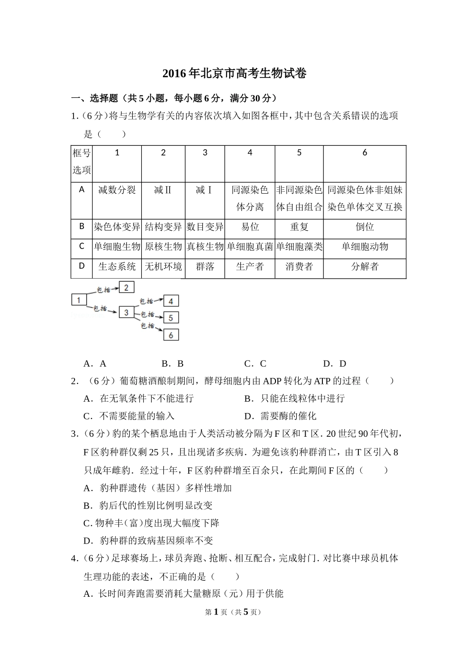 2016年北京市高考生物试卷（原卷版）.doc_第1页