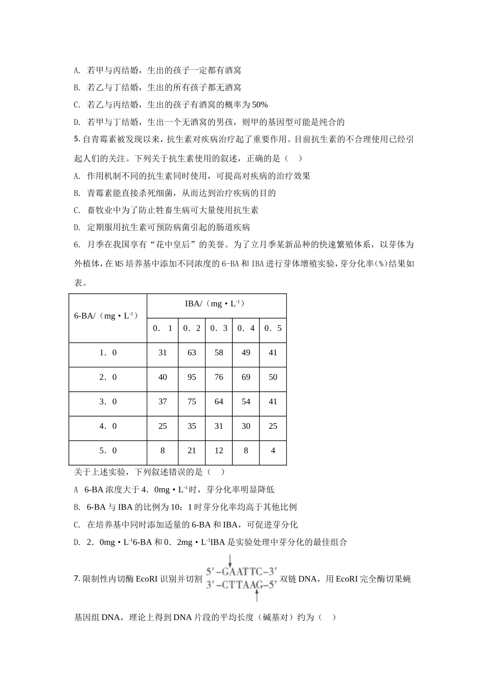 2021年高考真题 生物（湖北卷） 原卷版.doc_第2页