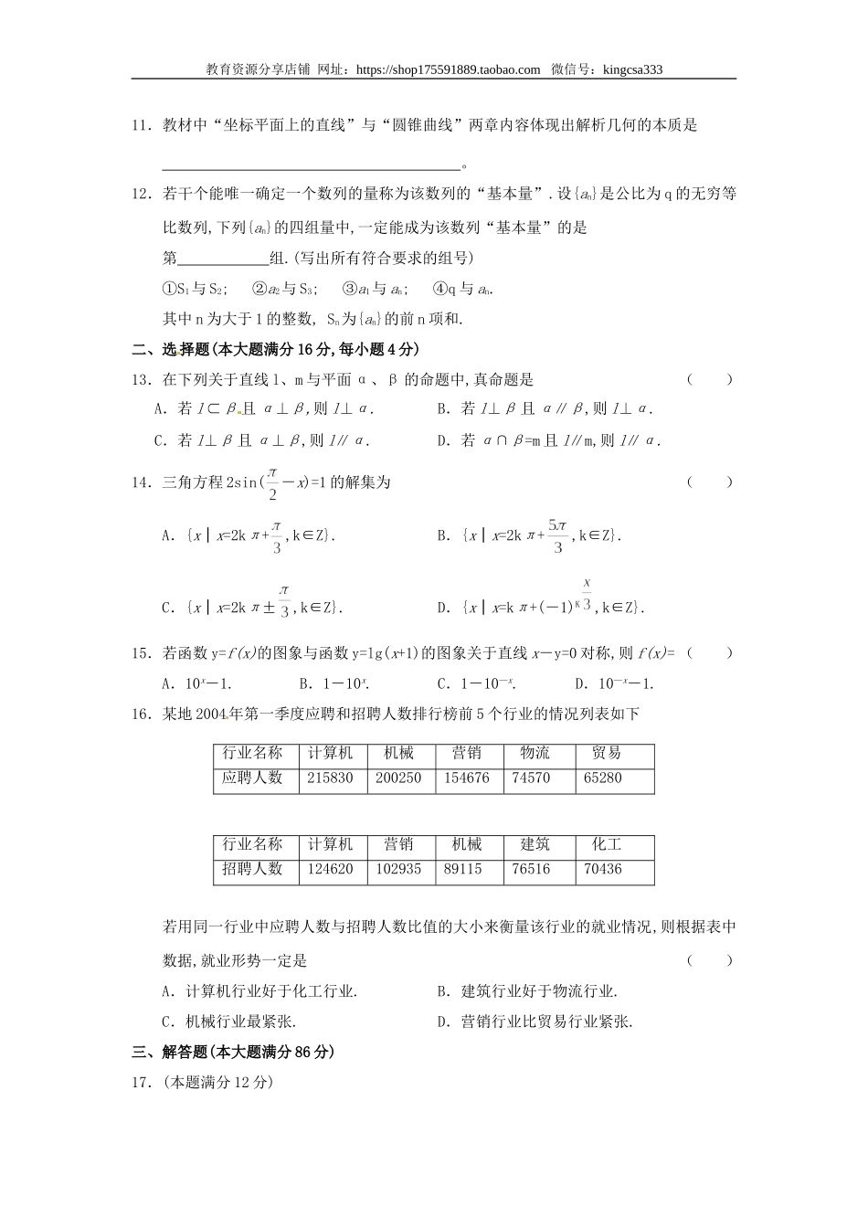 2004年上海高考数学真题（文科）试卷（word版）.doc_第2页