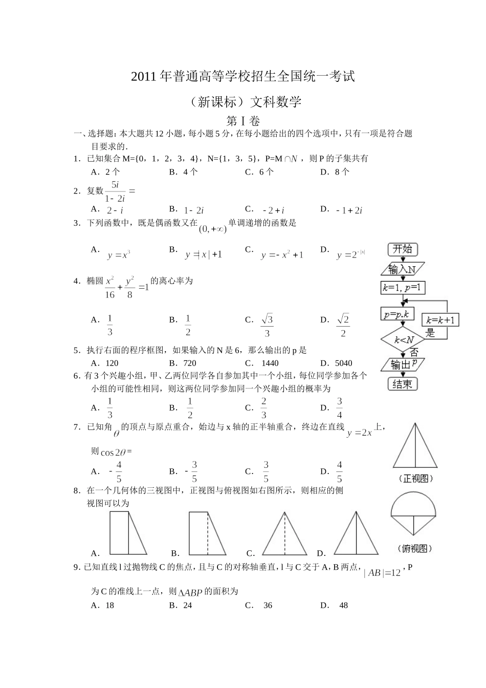 2011年海南省高考数学（原卷版）（文科）.doc_第1页