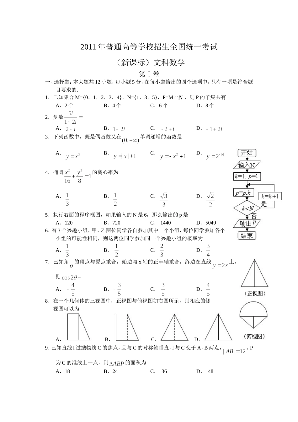 2011年海南省高考数学试题及答案（文科）.doc_第1页