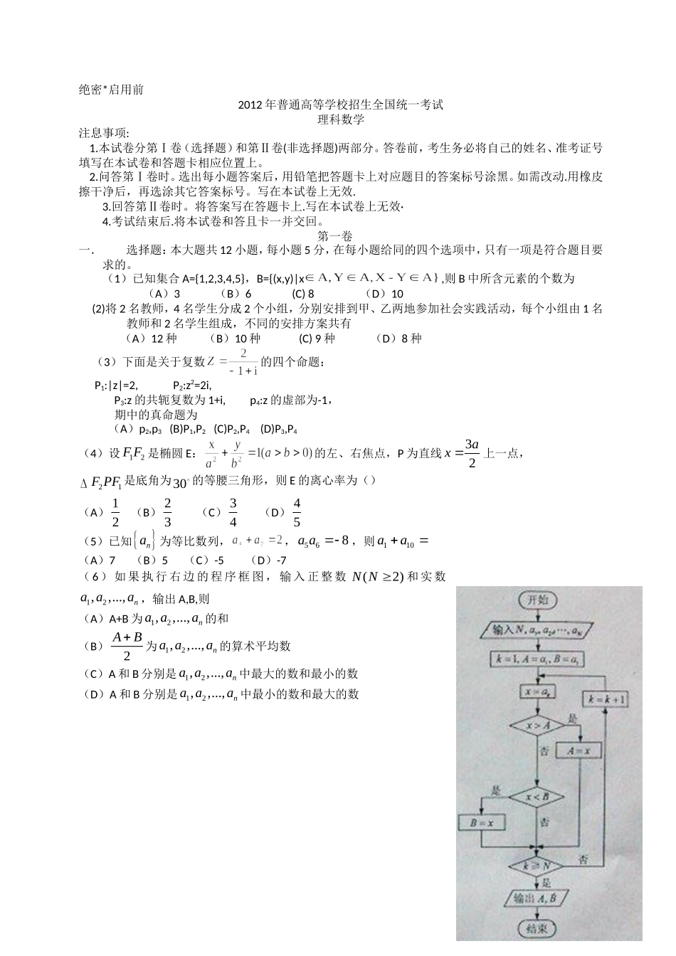 2012年理科数学海南省高考真题含答案.doc_第1页