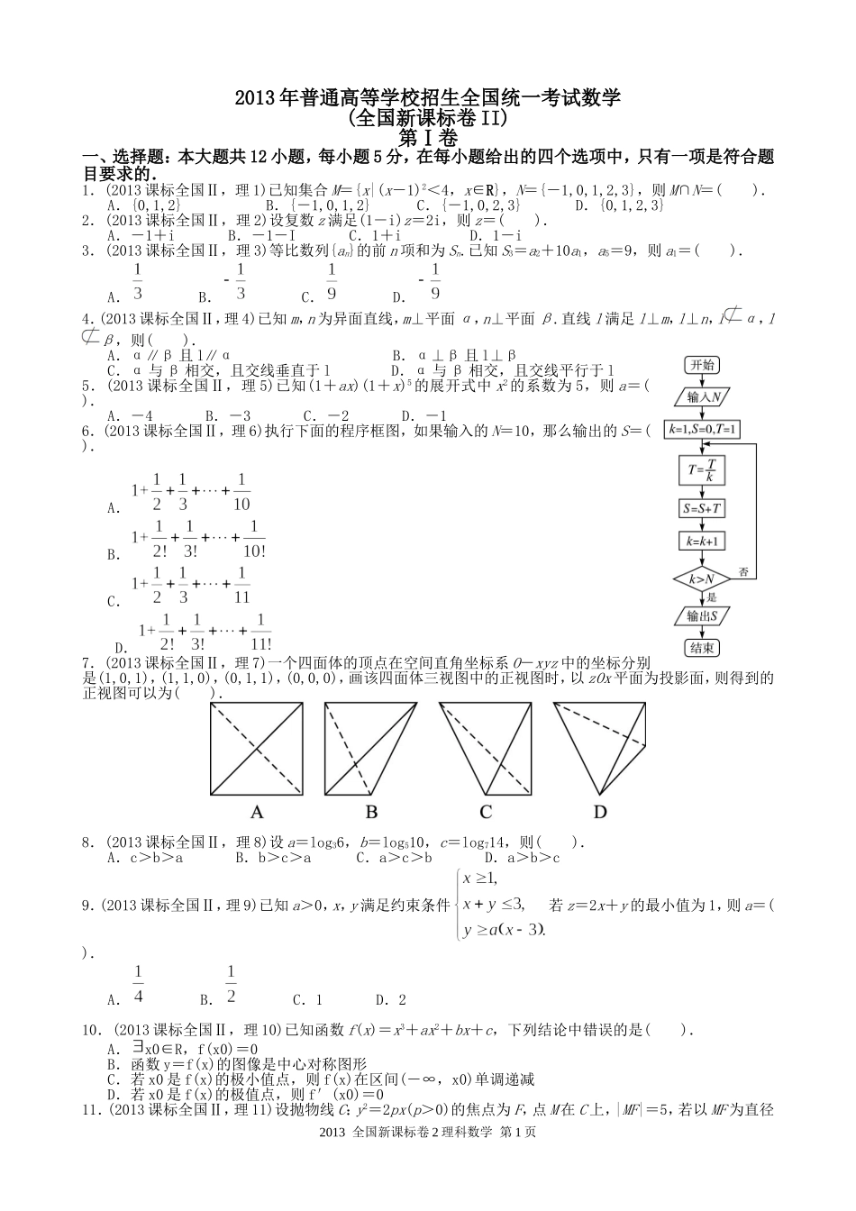 2013年海南省高考数学（原卷版）（理科）.doc_第1页