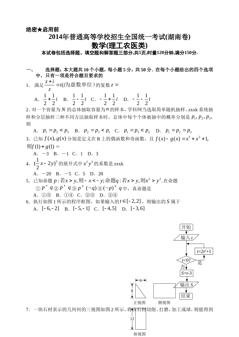 2014年湖南高考理科数学试题及答案.doc_第1页