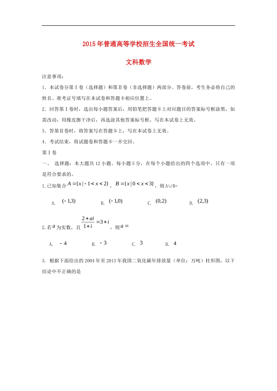 2015年海南省高考数学（原卷版）（文科）.docx_第1页