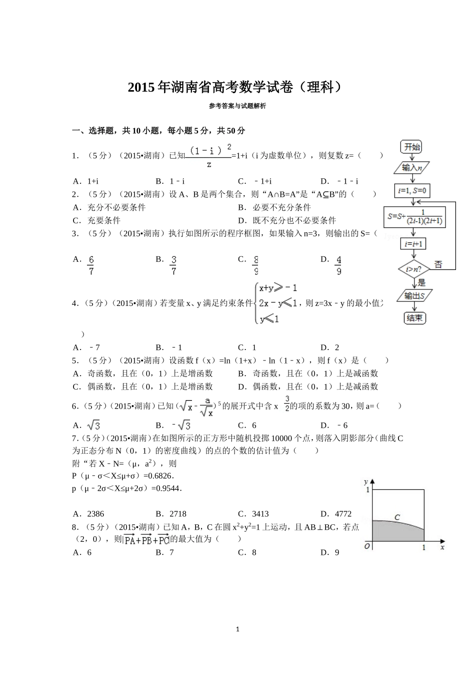 2015年湖南高考理科数学试题及答案.doc_第1页