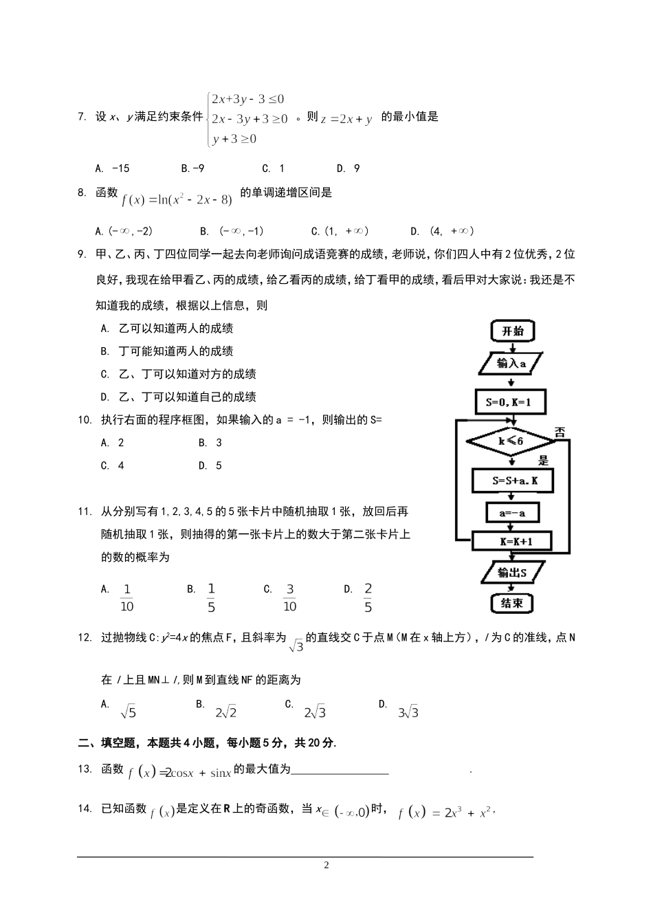 2017年海南省高考文科数学试题及答案.doc_第2页