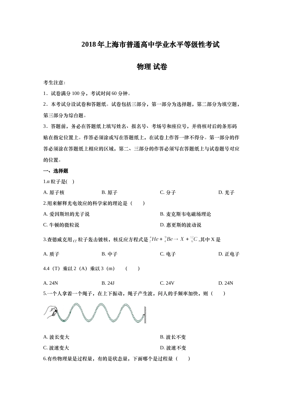 2018年上海市高考物理试题及答案.doc_第1页